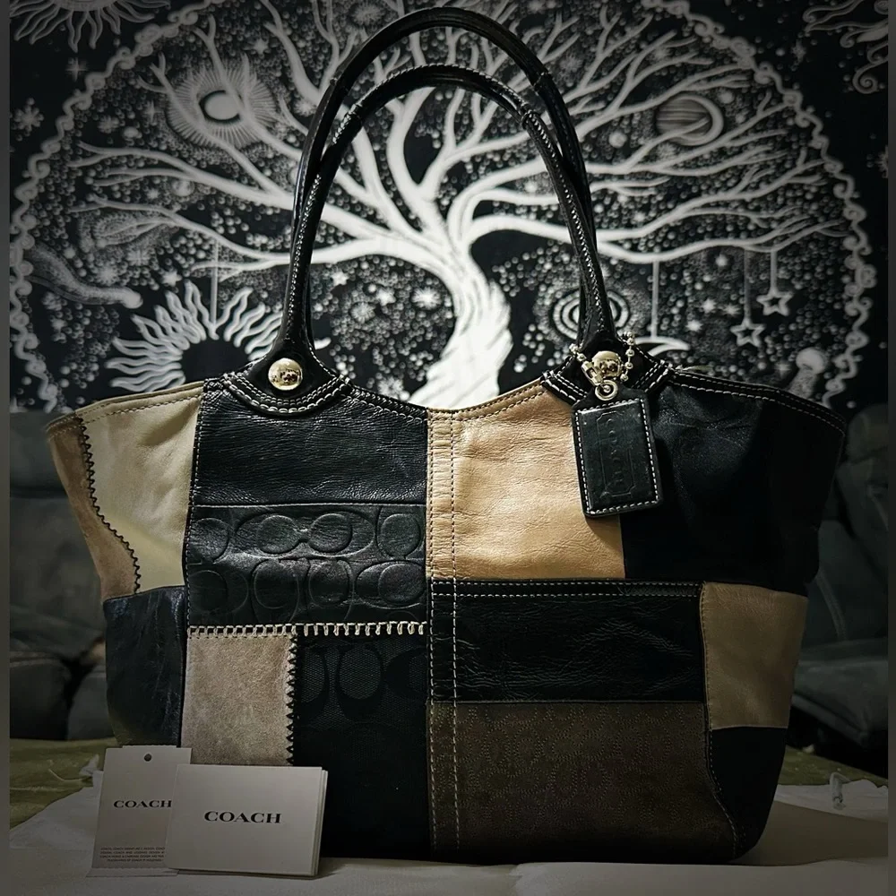 Rare Vintage Y2K style Coach Tote bag Black and Cream Patchwork shoulder bag - Picture 6 of 17